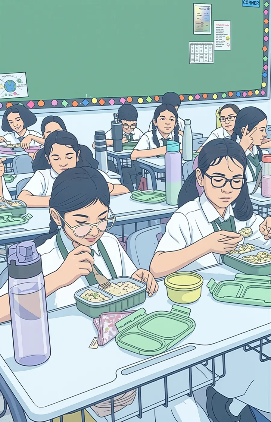 Students eating lunch in a classroom